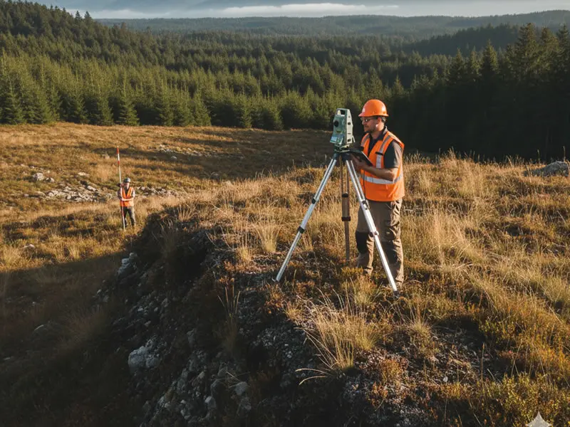 Topógrafo realizando levantamiento en parcela con desnivel en el sur de Chile, clave para el diseño arquitectónico